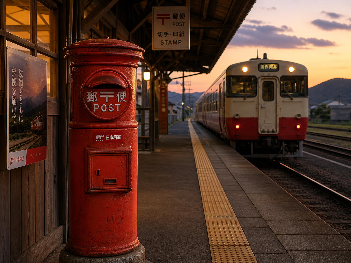 夕暮れの駅前、赤い郵便ポスト、ホームへ向かう列車の灯り