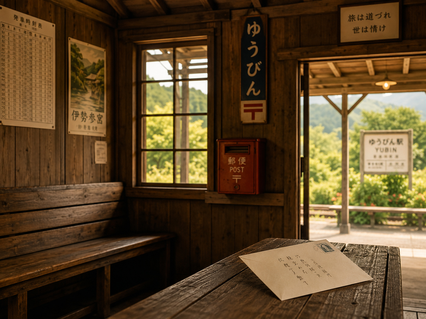 木造駅舎の待合室、はがき、ペン、ストーブ、窓の外の線路